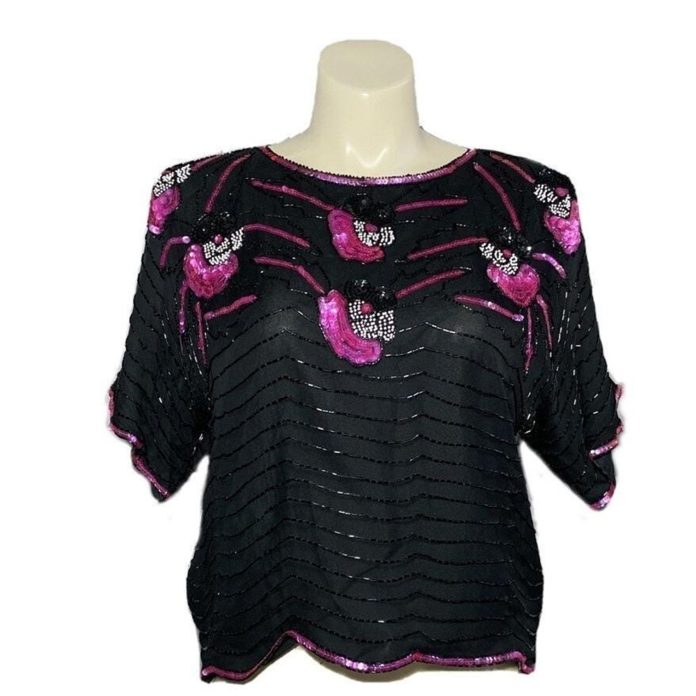 VTG AVALON Blouse 1X Pure Silk Black Pink Sequin Bead Lined Top Dressy